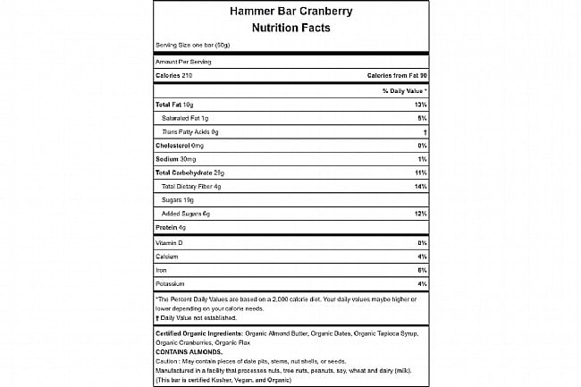 Hammer Nutrition Hammer Bar (Box of 12) Cranberry Nutrition Facts