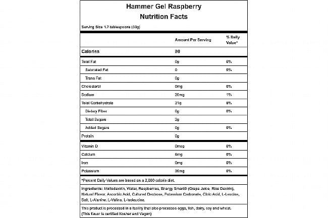 Hammer Nutrition Hammer Gel (Box of 24) Raspberry Nutrition Facts