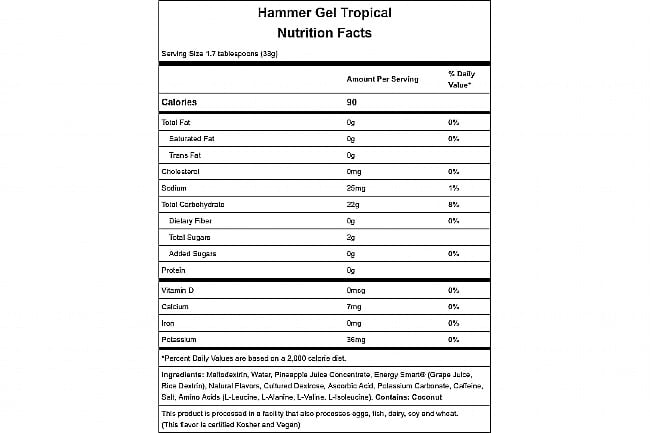 Hammer Nutrition Hammer Gel (Box of 24) Tropical Nutrition Facts